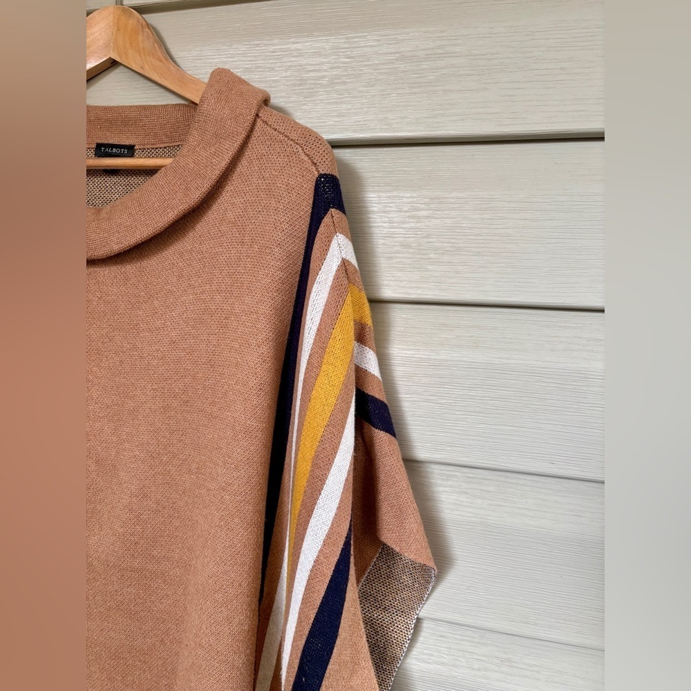 TALBOTS Sabrina poncho sweater preppy classic fall tan navy mustard EUC sz M/L - Picture 8 of 15